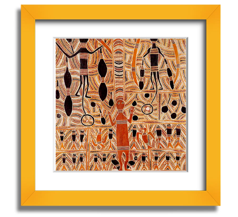 Aboriginal Marika Mathaman Square Framed Print showcasing vibrant colors and intricate designs, framed in a stylish border.